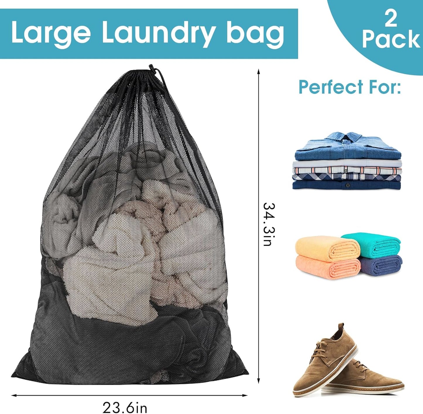 Large black mesh laundry bag, 2-pack, ideal for van life gear, clothes, towels, and shoes storage
