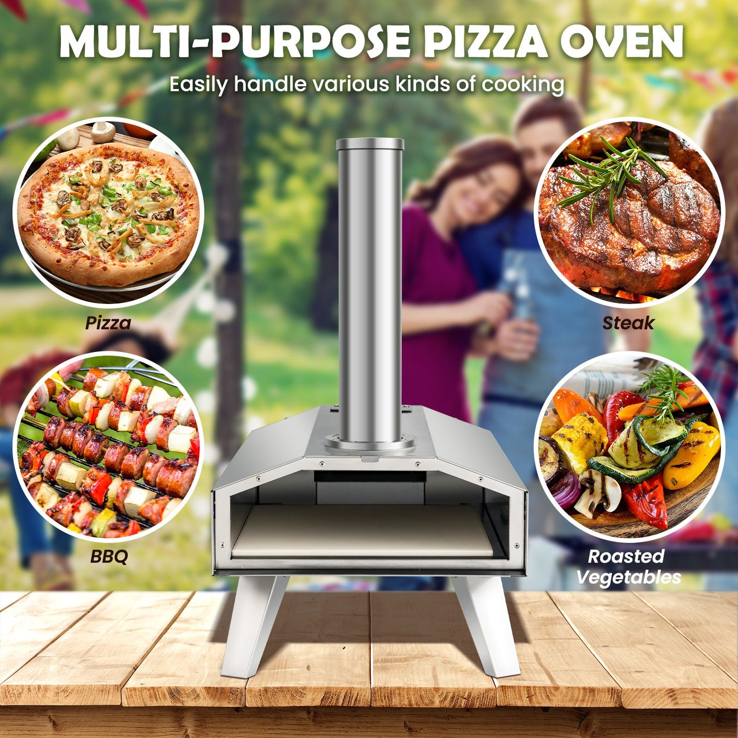 Portable multi-purpose pizza oven for outdoor cooking, perfect for van life, BBQ, steak, and roasted veggies