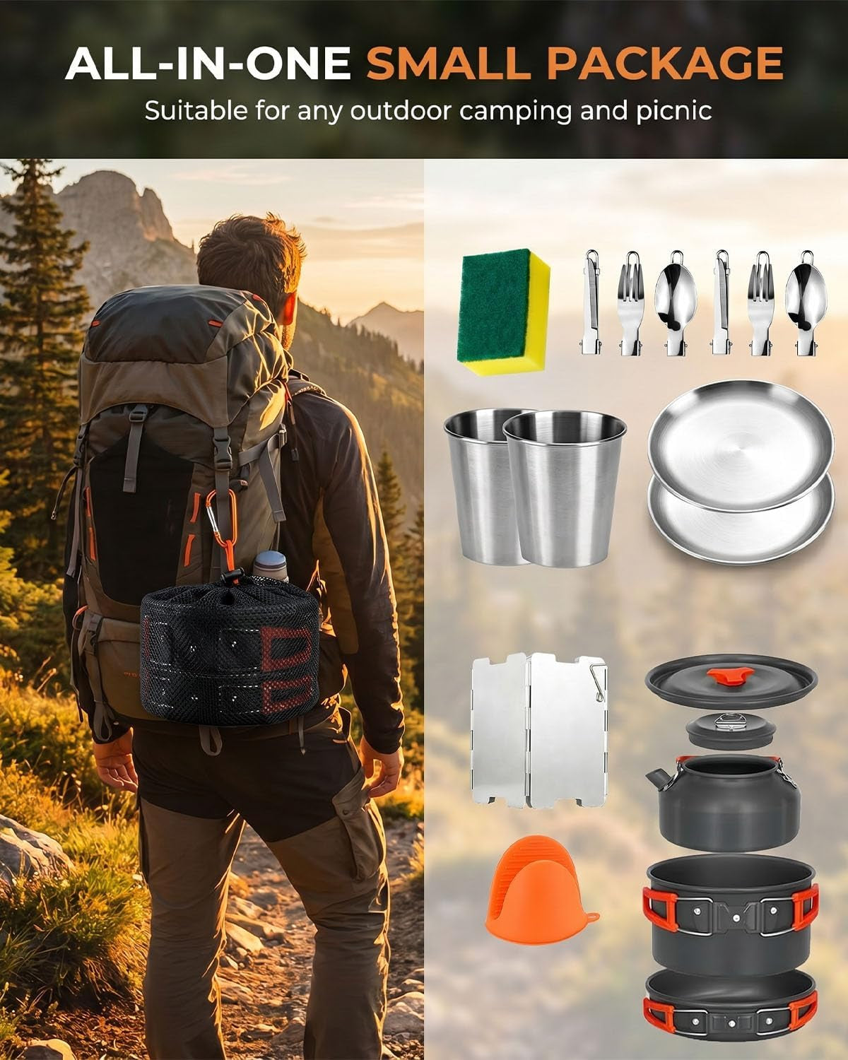 17-Piece Camping Cookware Set for 2–3 People – packed cookware and included pieces