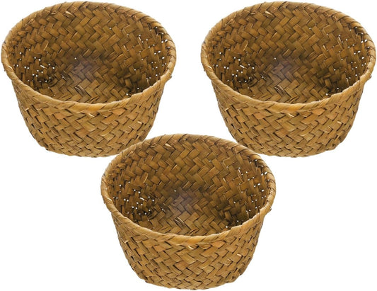 Mini Round Seagrass Baskets – Set of 3 – three miniature baskets on white