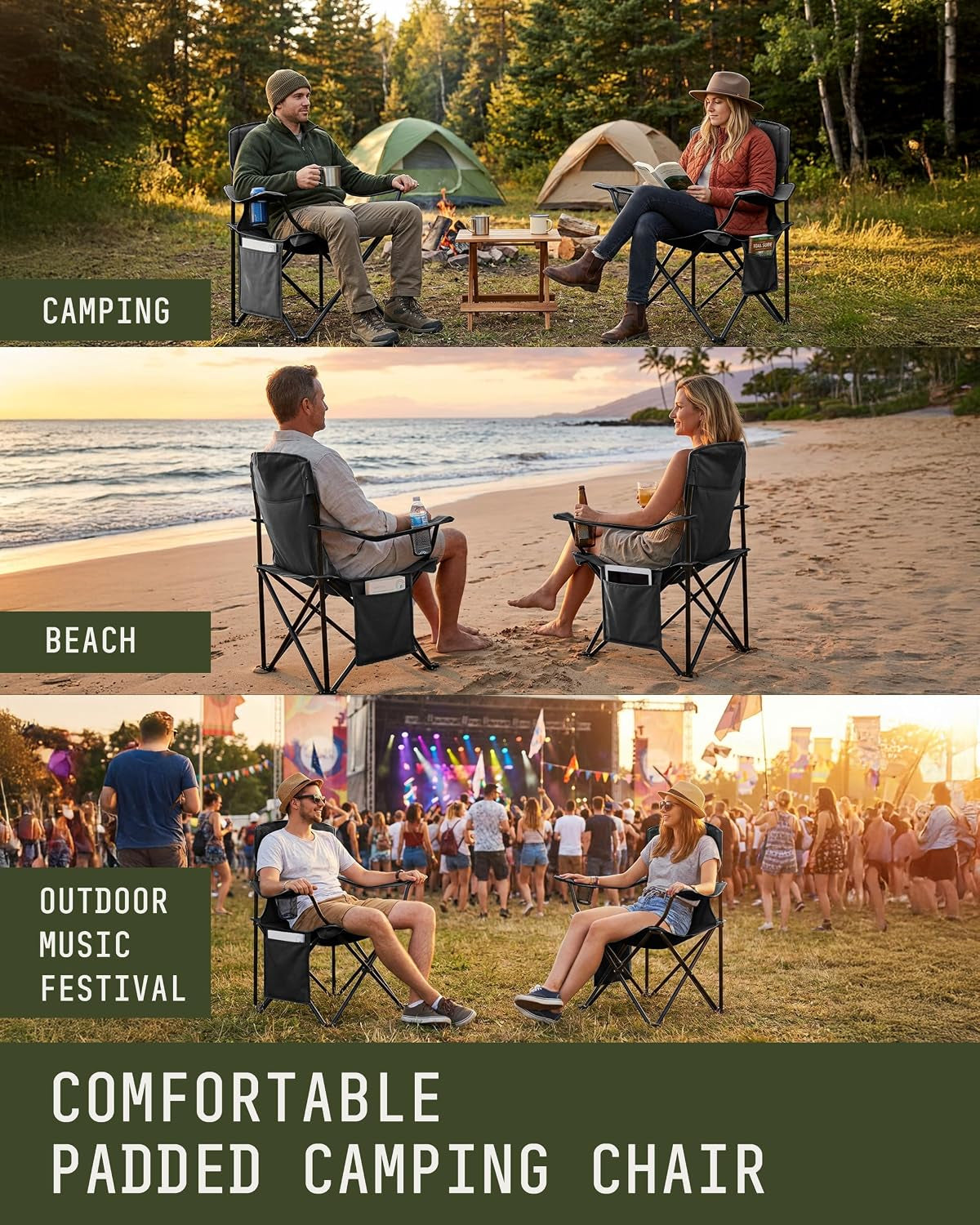 Folding Camping Chair 2-Pack, Lightweight with Pocket and Drinks Holder, Holds up to 120Kg Each, Easy to Transport, Foldable Outdoor Chair Set -Black