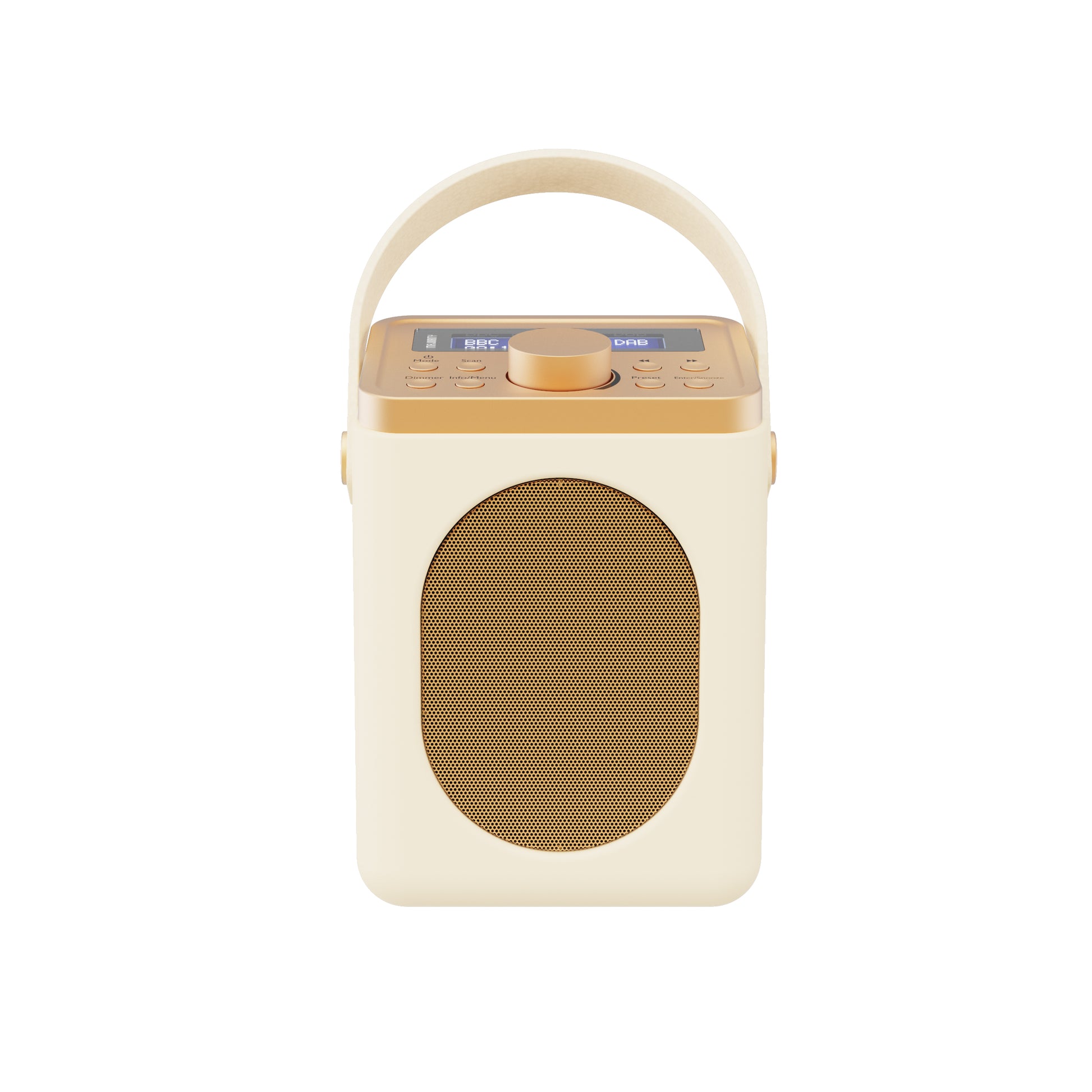 Cream and gold portable DAB radio with handle, perfect for van life and outdoor adventures