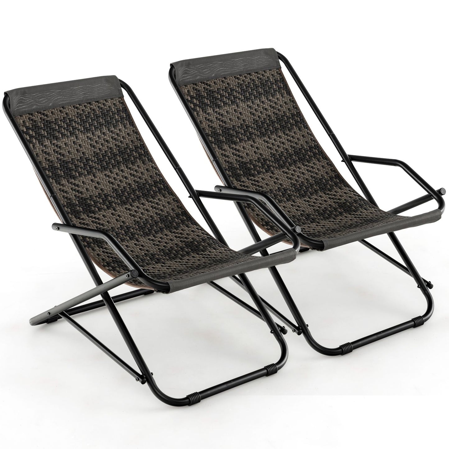 Two black folding camping chairs with woven fabric, ideal for van life and outdoor adventures