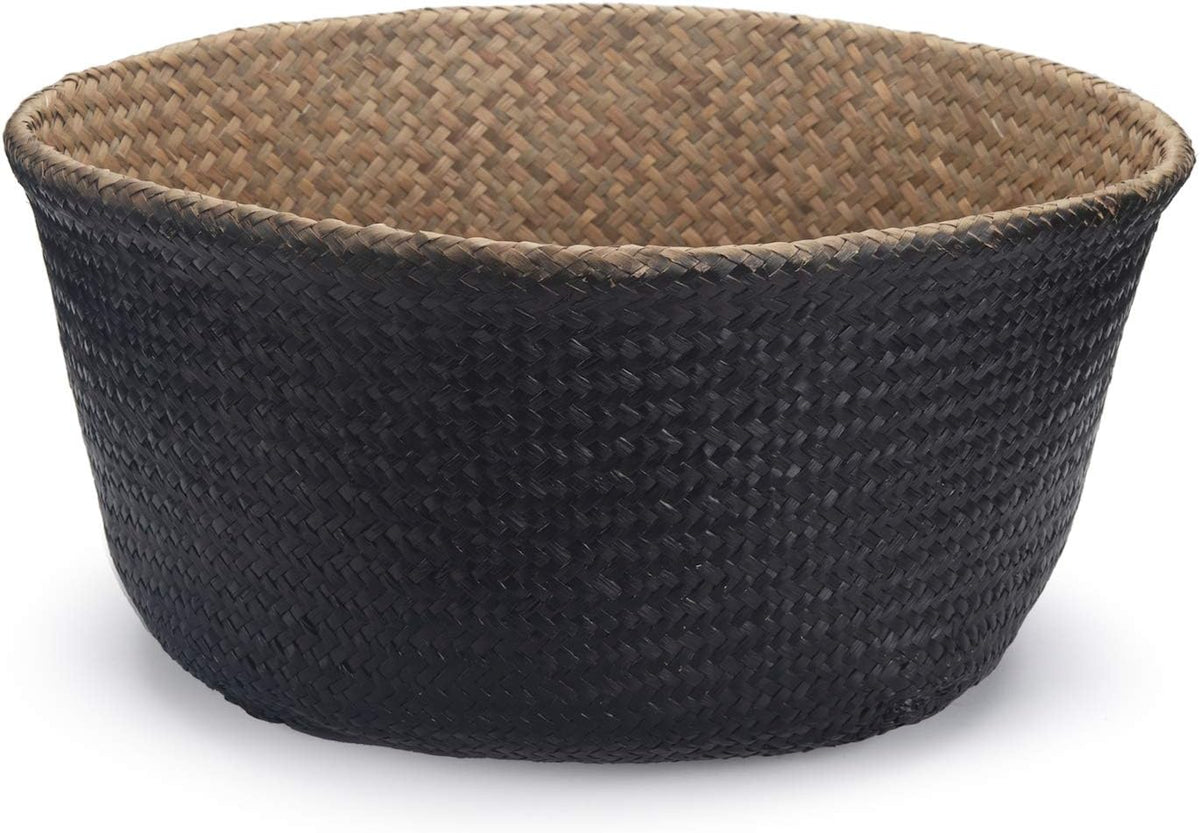 Seagrass Belly Basket Natural Woven Plant Pot Foldable with Handles for Storage Laundry Blankets Toys (Natural + Black)