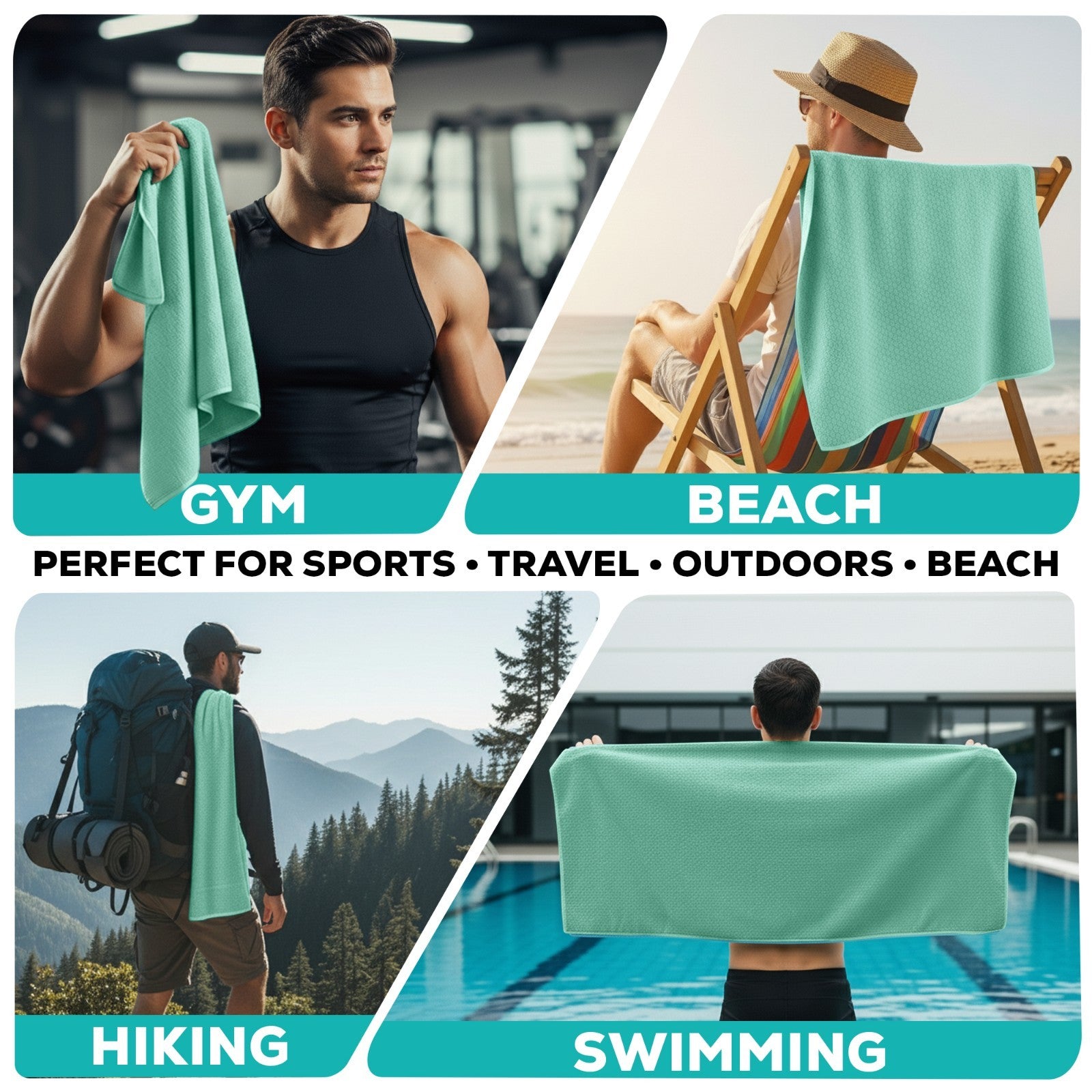 Versatile teal towel for gym, beach, hiking, swimming — ideal for van life, travel & outdoor adventures