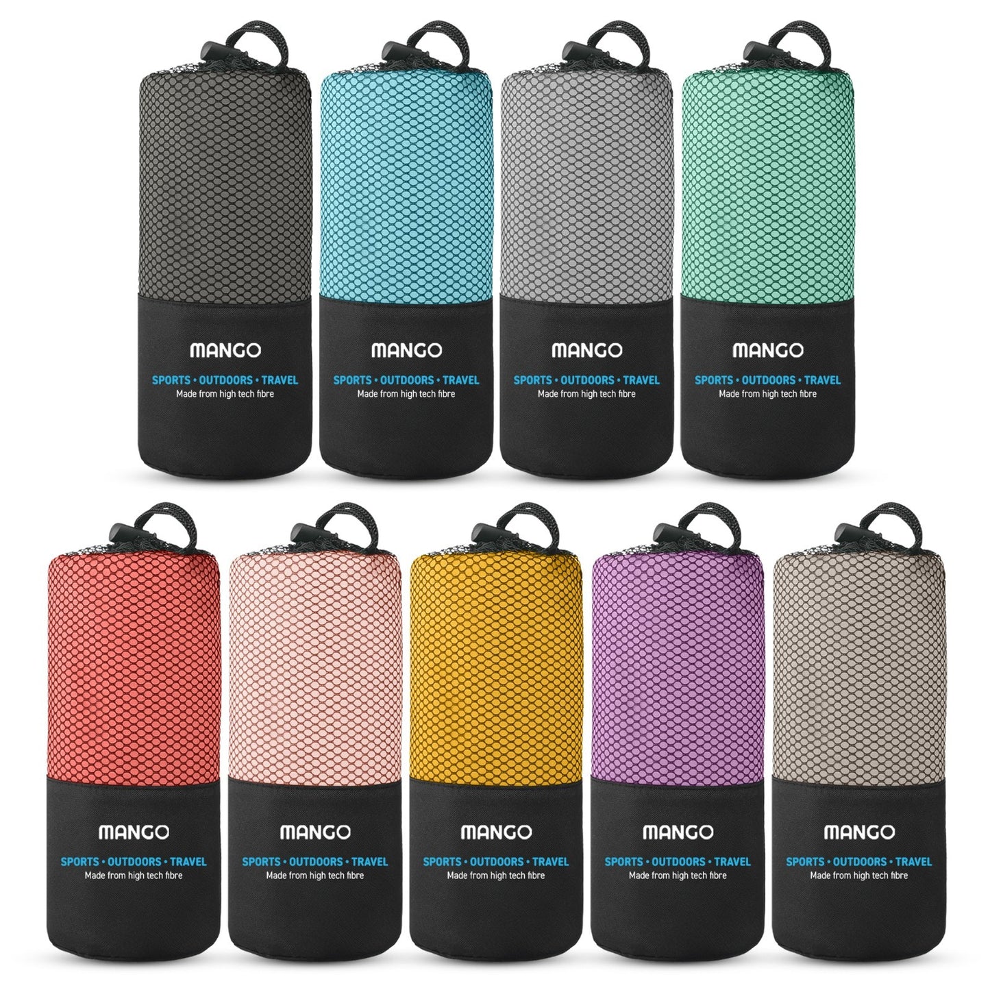 Mango sports outdoors travel towels in 9 colors, high tech fibre, compact mesh carry bags