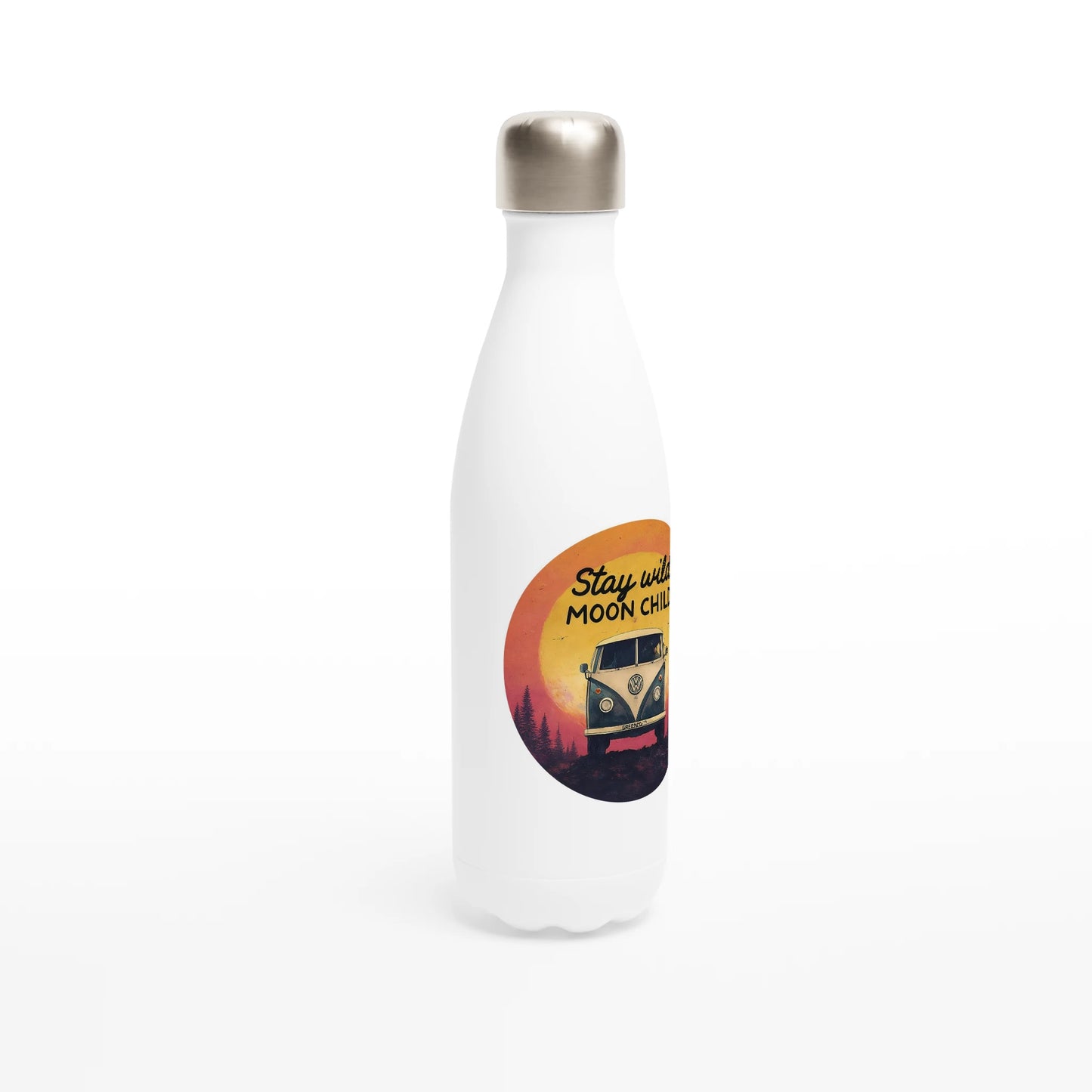 White insulated water bottle with 'Stay wild MOON CHILD' van graphic, perfect for van life adventures
