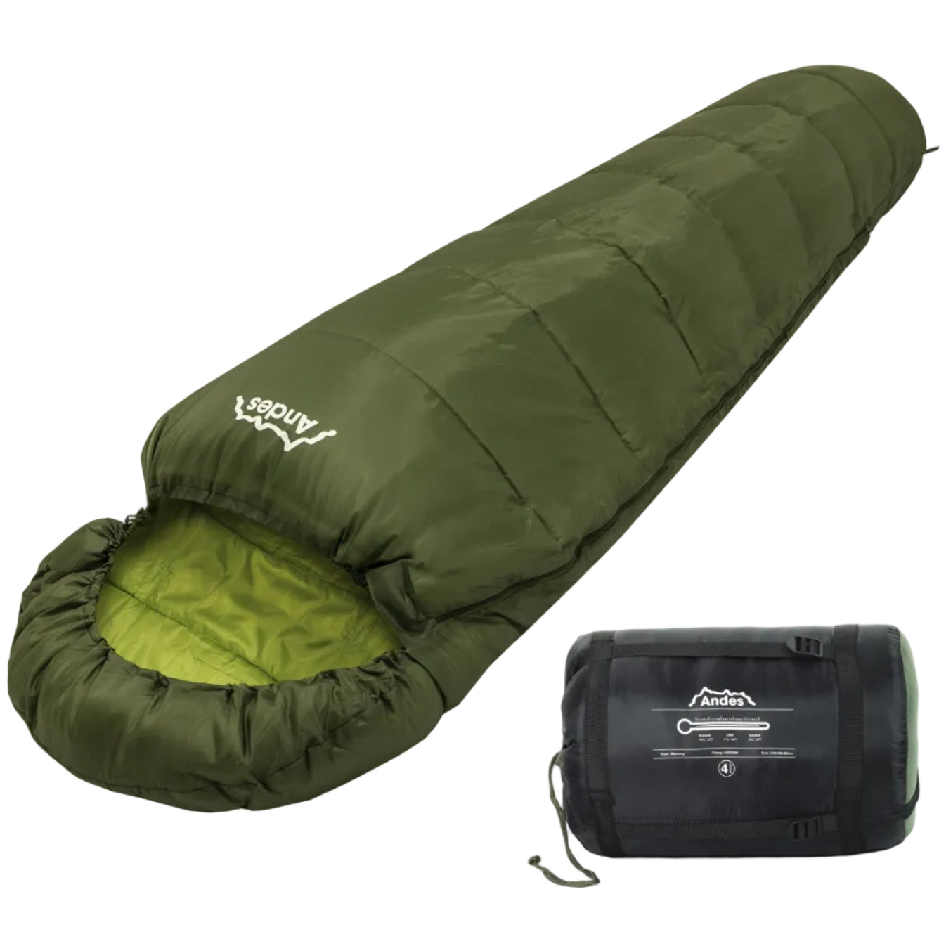 Olive green Andes mummy sleeping bag with compression sack, ideal for van life and outdoor adventures
