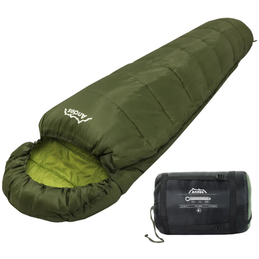 Olive green Andes mummy sleeping bag with compression sack, ideal for van life and outdoor adventures
