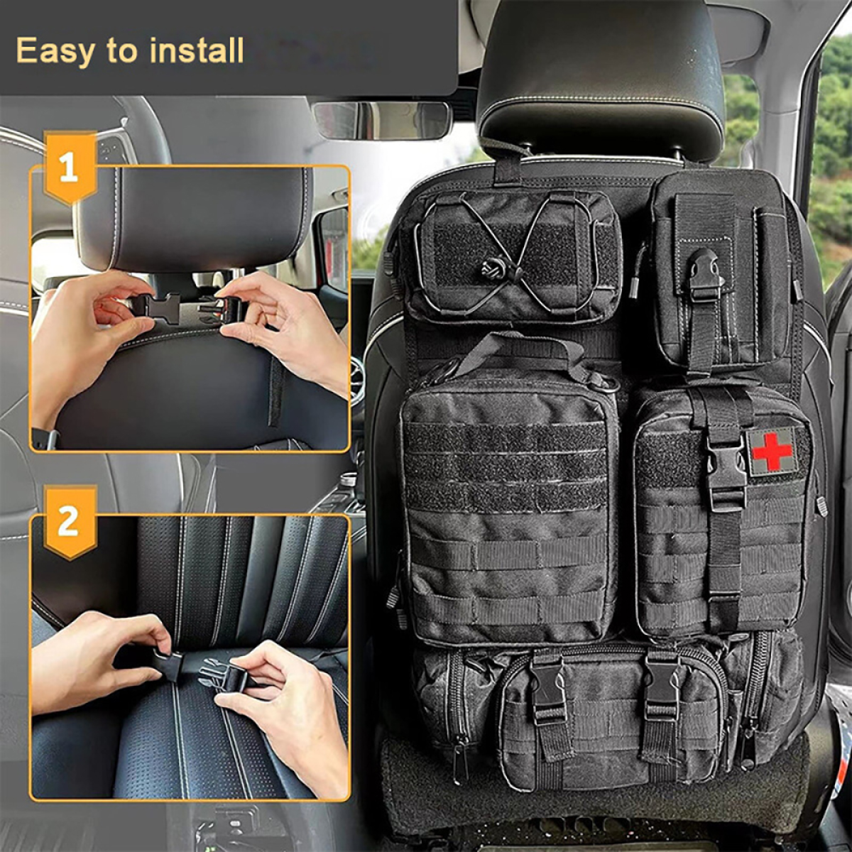 Black tactical seat back organizer with medical pouch, easy install for van life and car storage