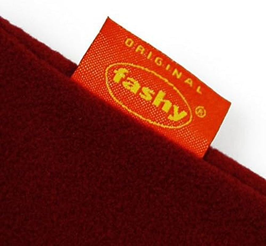 Fashy original brand tag on deep red fleece fabric, ideal for van life essentials and outdoor gear.