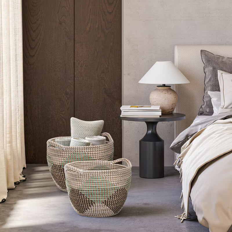 Round Seagrass Storage Baskets – Set of 2 – basket pair beside a bed