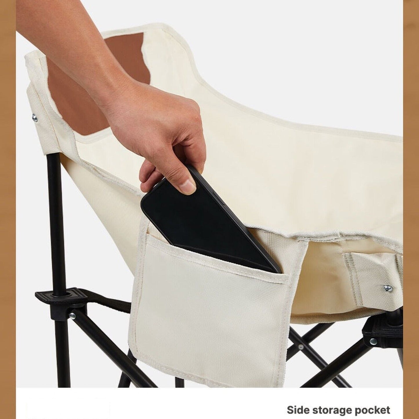Beige camping chair with side storage pocket holding a phone, ideal for van life and outdoor adventures.