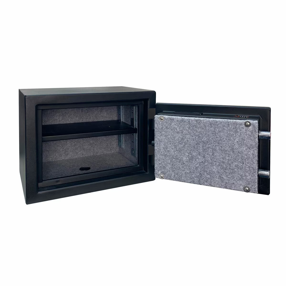 Compact van safe with felt lining and shelf for secure storage in camper vans