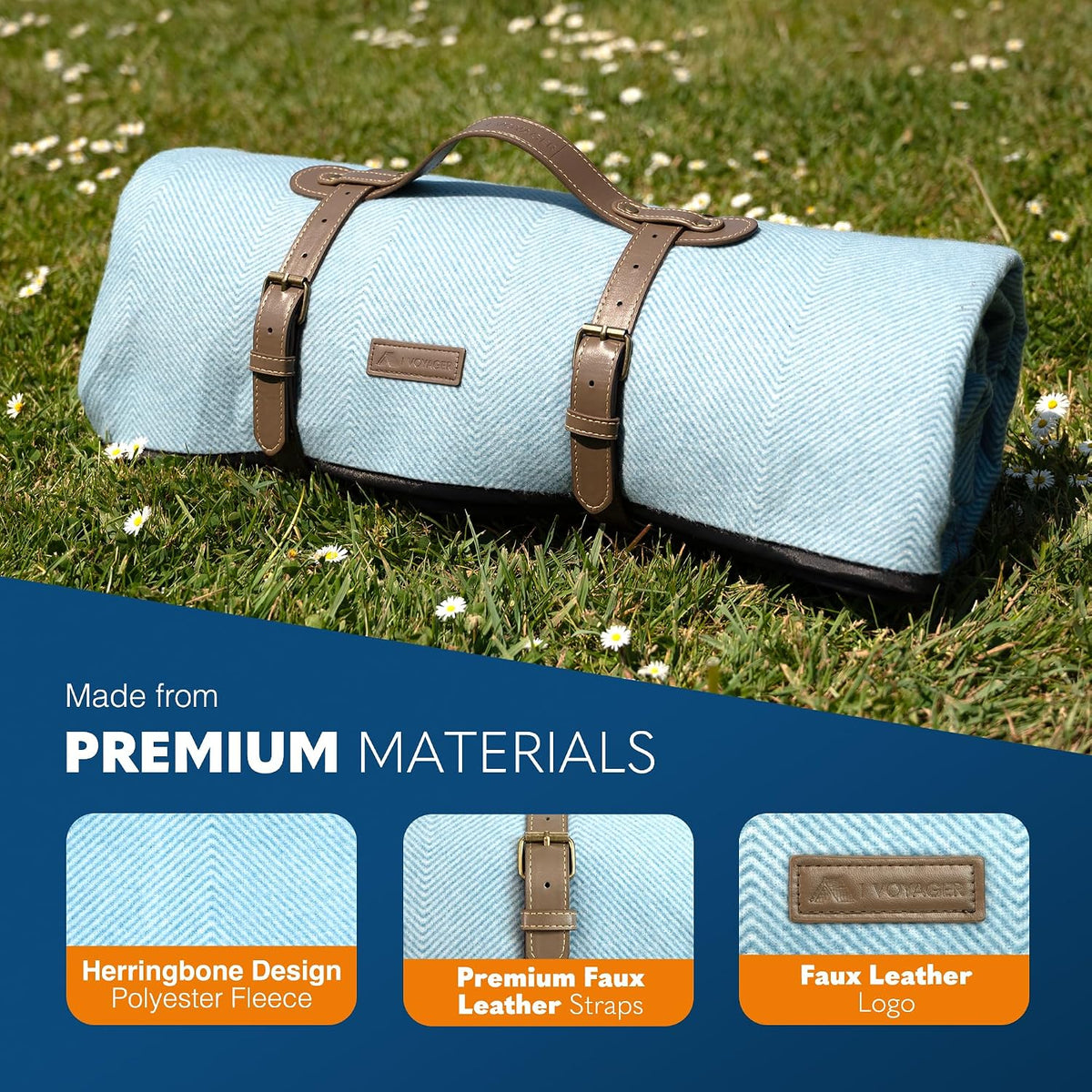 Picnic Blanket – Blue Herringbone Extra Large Outdoor Rug 200X200Cm – Waterproof & Sandproof Mat for 6-8 People – Foldable with Handle – Stylish Camping & Beach Blanket