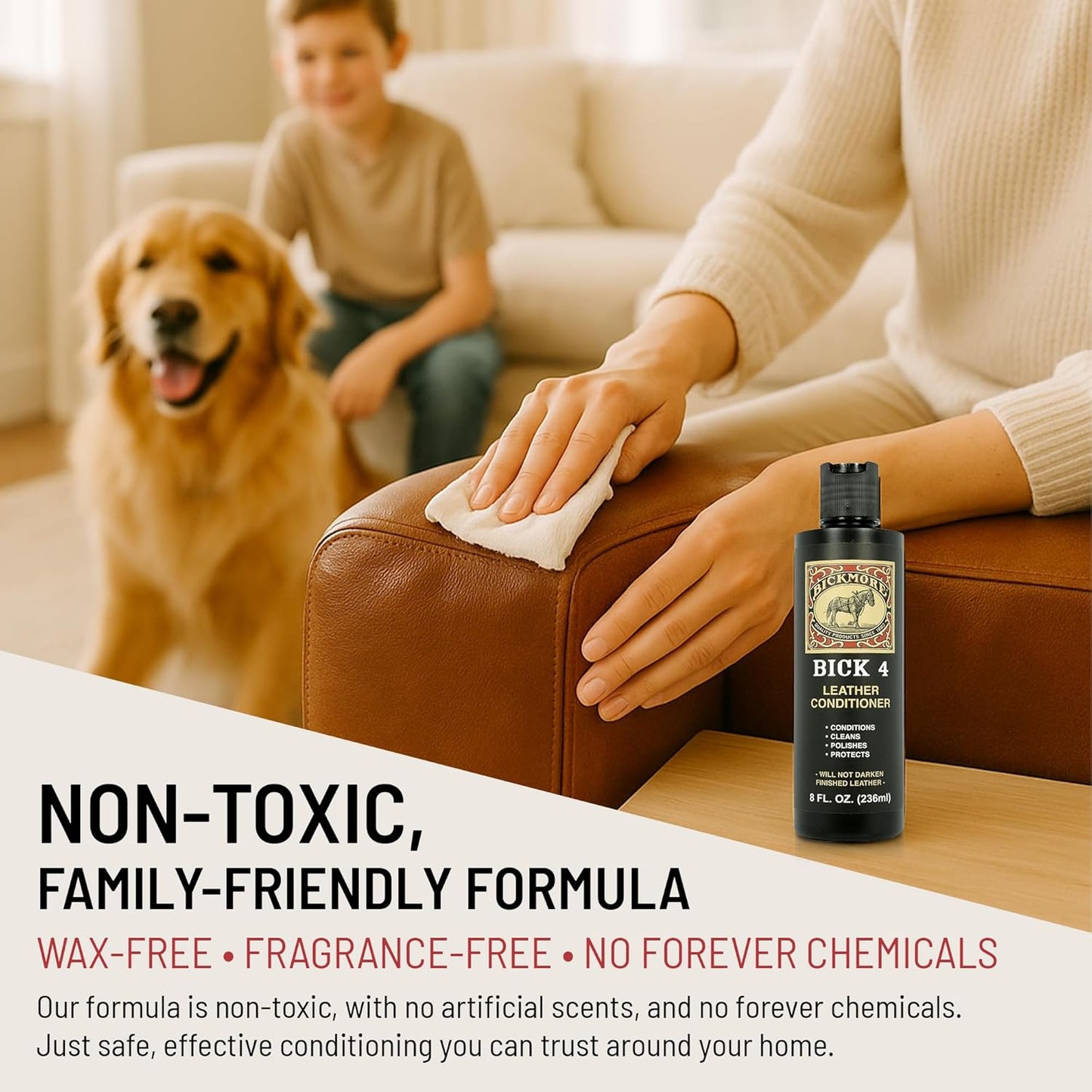 Non-toxic leather conditioner for van life interiors, safe for families and pets, cleaning brown leather couch