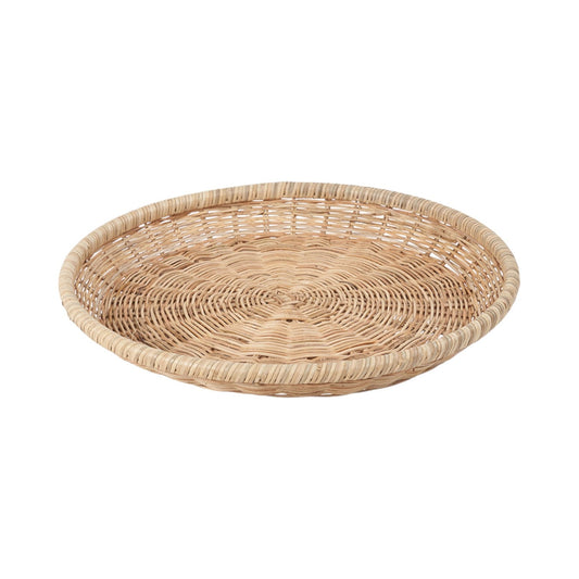 Round woven rattan tray for van life storage and outdoor adventures