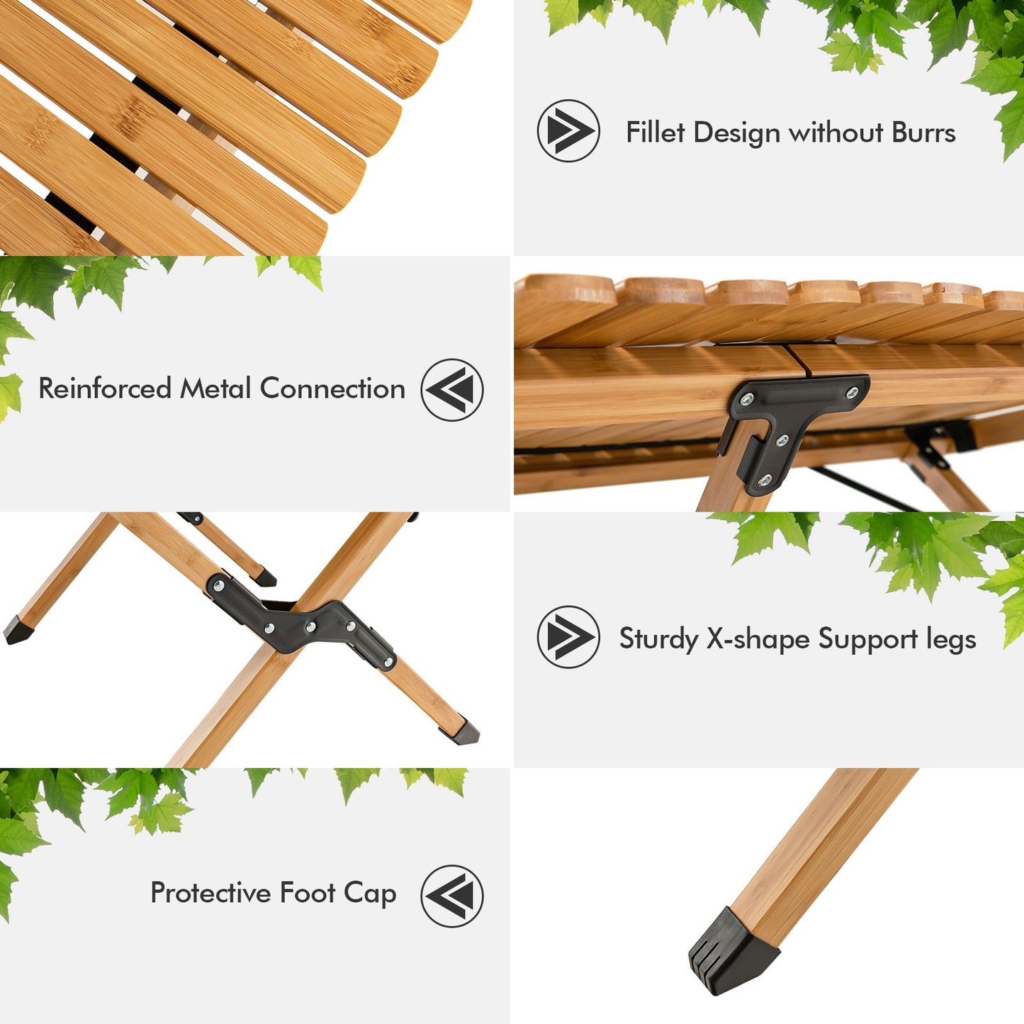 Bamboo folding table with X-legs, reinforced metal joints, and protective foot caps for van life camping