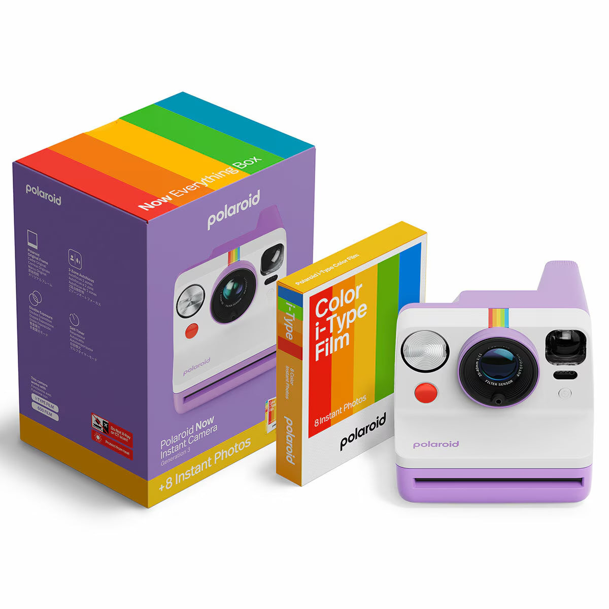 Purple Polaroid Now instant camera with rainbow film pack, perfect for van life adventures and instant memories.