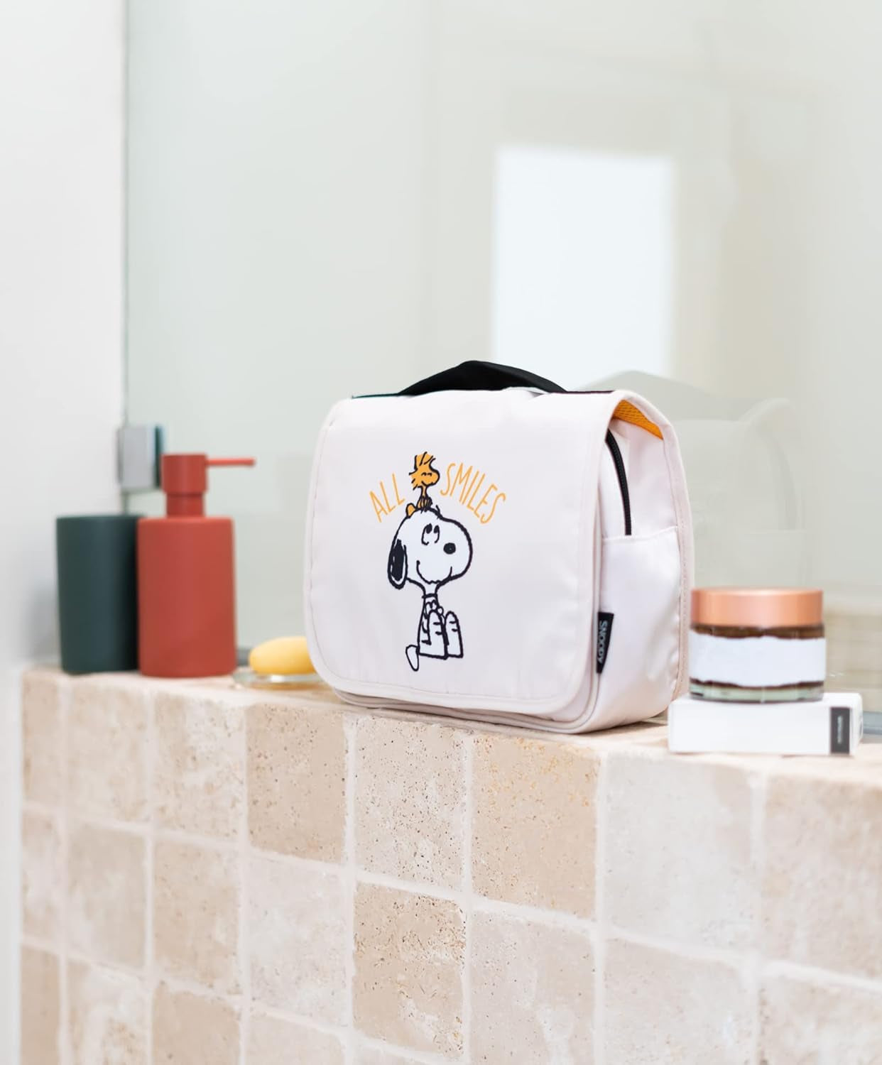 Snoopy 'All Smiles' toiletry bag for van life adventures, bathroom essentials organizer