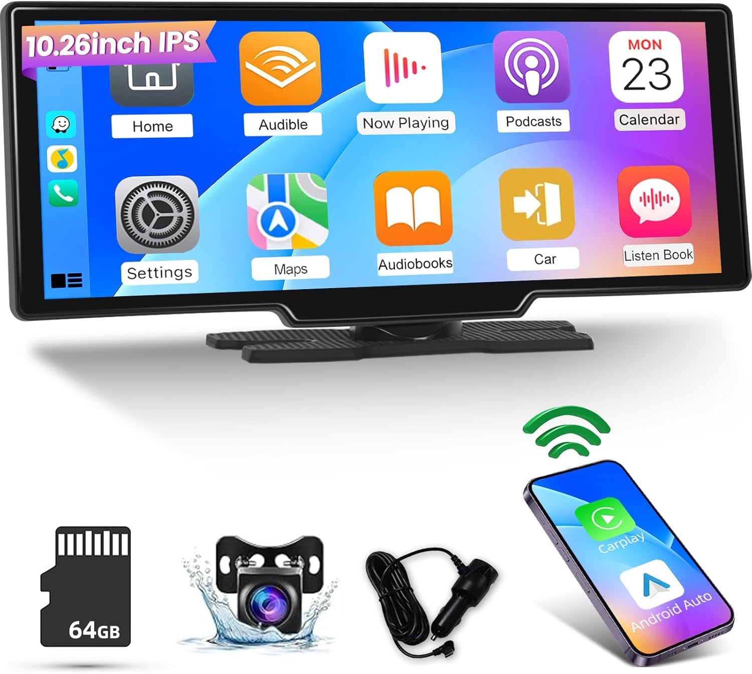 10.26-inch IPS car stereo with CarPlay, Android Auto, 64GB card, backup camera & charger for van life adventures