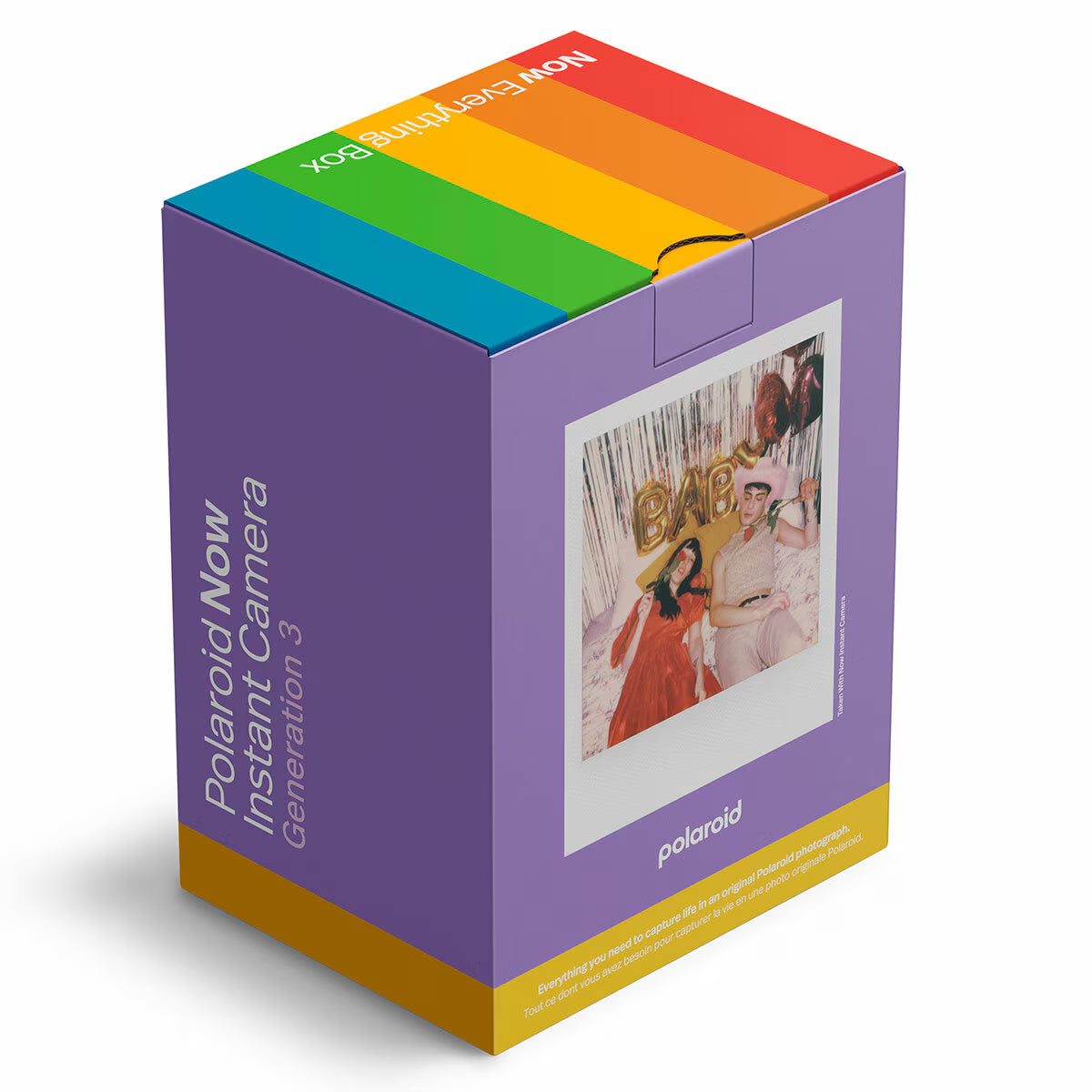 Polaroid Now Instant Camera Gen 3 box with rainbow lid, perfect for van life adventures and capturing memories.