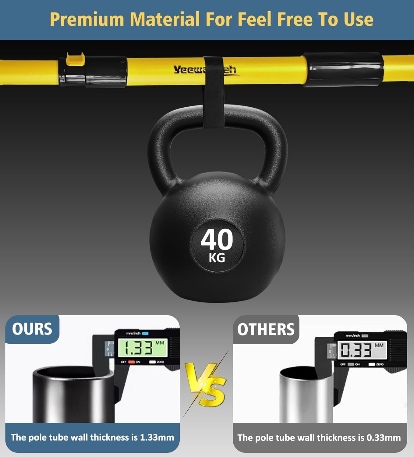40kg kettlebell hanging from yellow pull-up bar, showcasing 1.33mm thick pole vs 0.33mm for durability