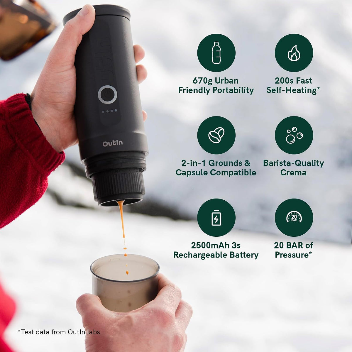 OutIn Nano Portable Espresso Maker – Space Grey – handheld espresso extraction into a cup