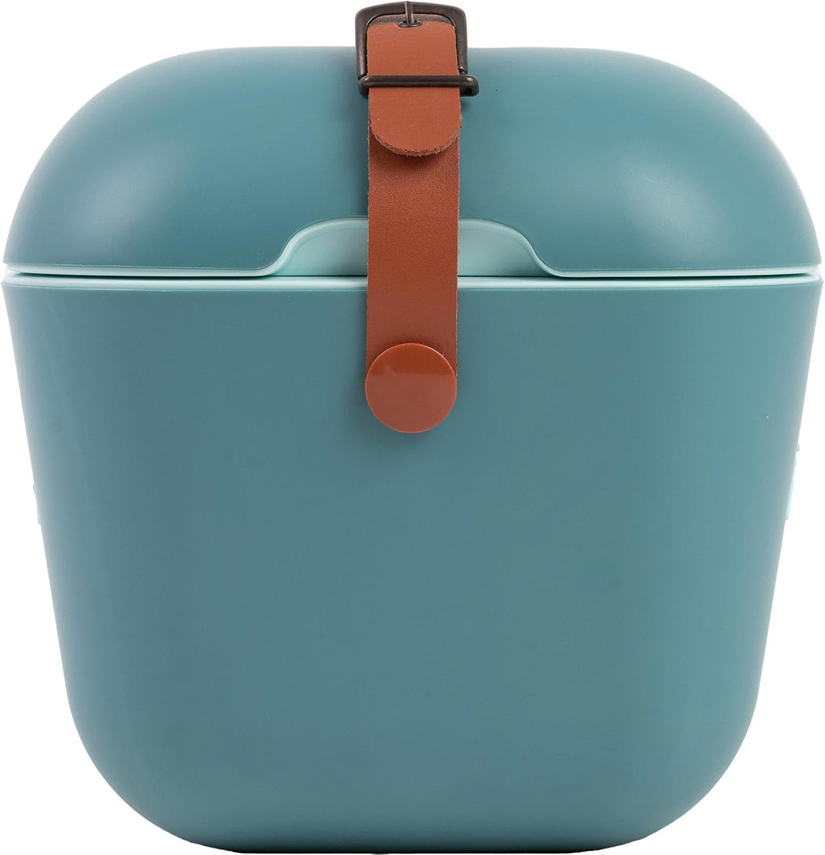 Teal rectangular container with rounded corners and a brown strap secured by a circular tab at the centre of the lid.