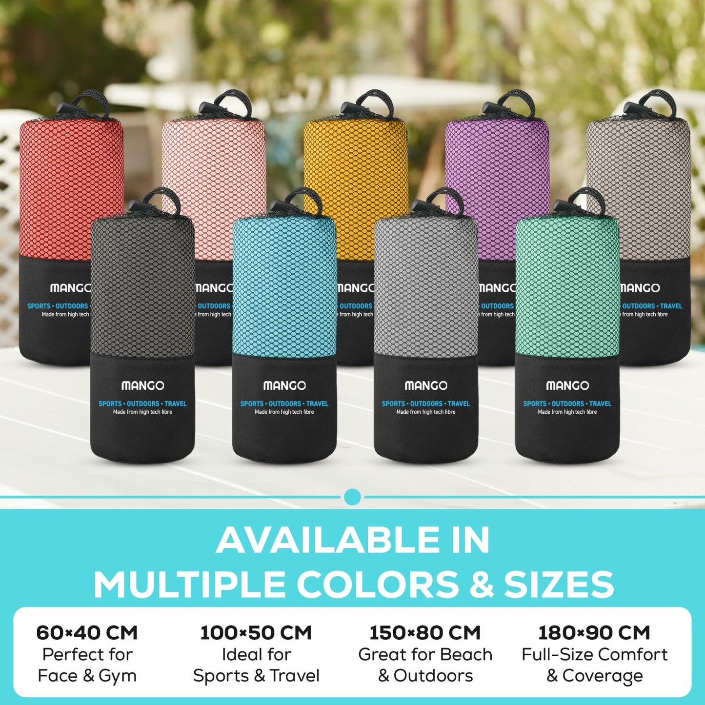 Mango sports & travel towels in multiple colors, ideal for outdoors, van life, beach, and gym use.