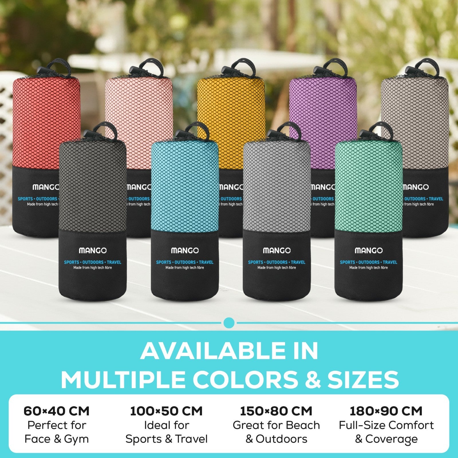 Mango sports & travel towels in multiple colors, ideal for outdoors, van life, beach, and gym use.