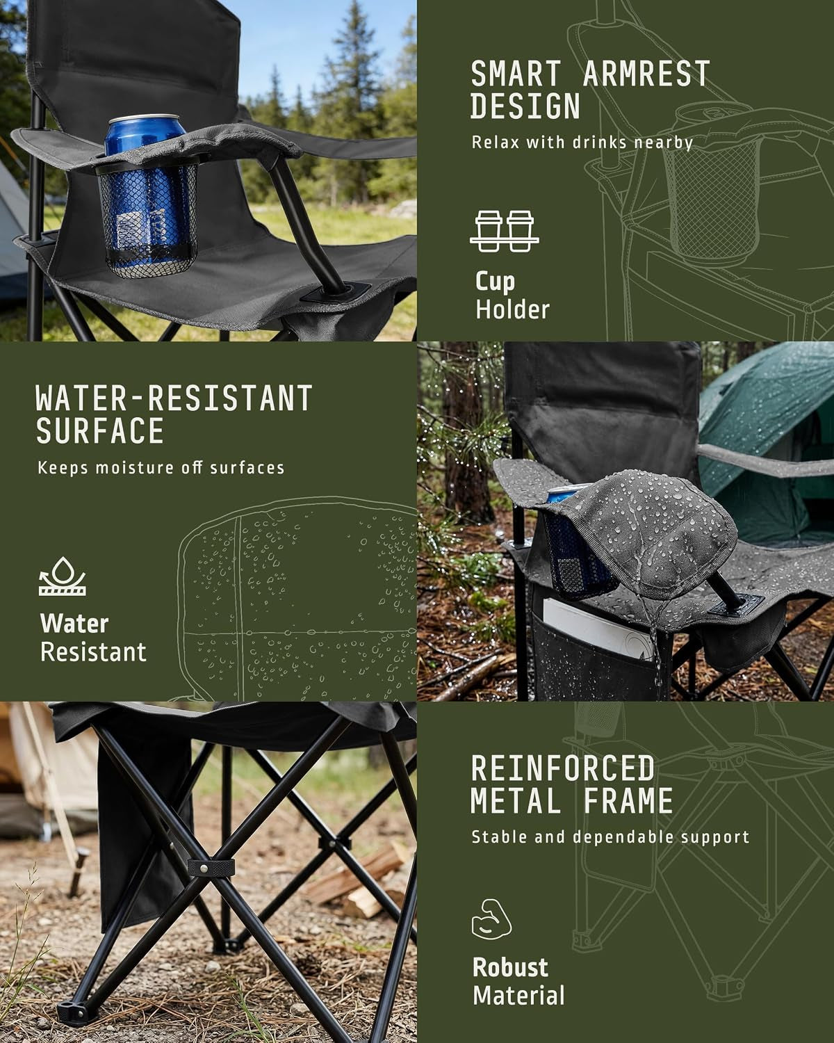 Folding Camping Chair 2-Pack, Lightweight with Pocket and Drinks Holder, Holds up to 120Kg Each, Easy to Transport, Foldable Outdoor Chair Set -Black
