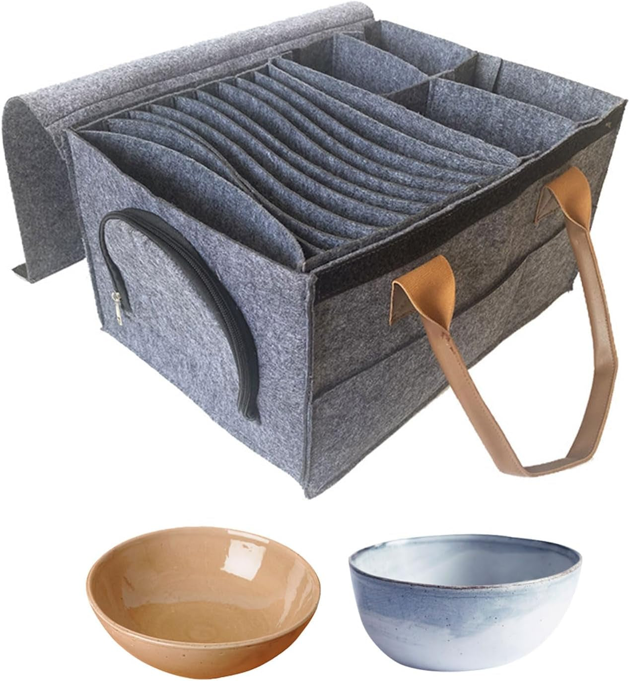 Grey felt organizer with adjustable compartments, leather handles, and zippered pocket, plus two ceramic bowls