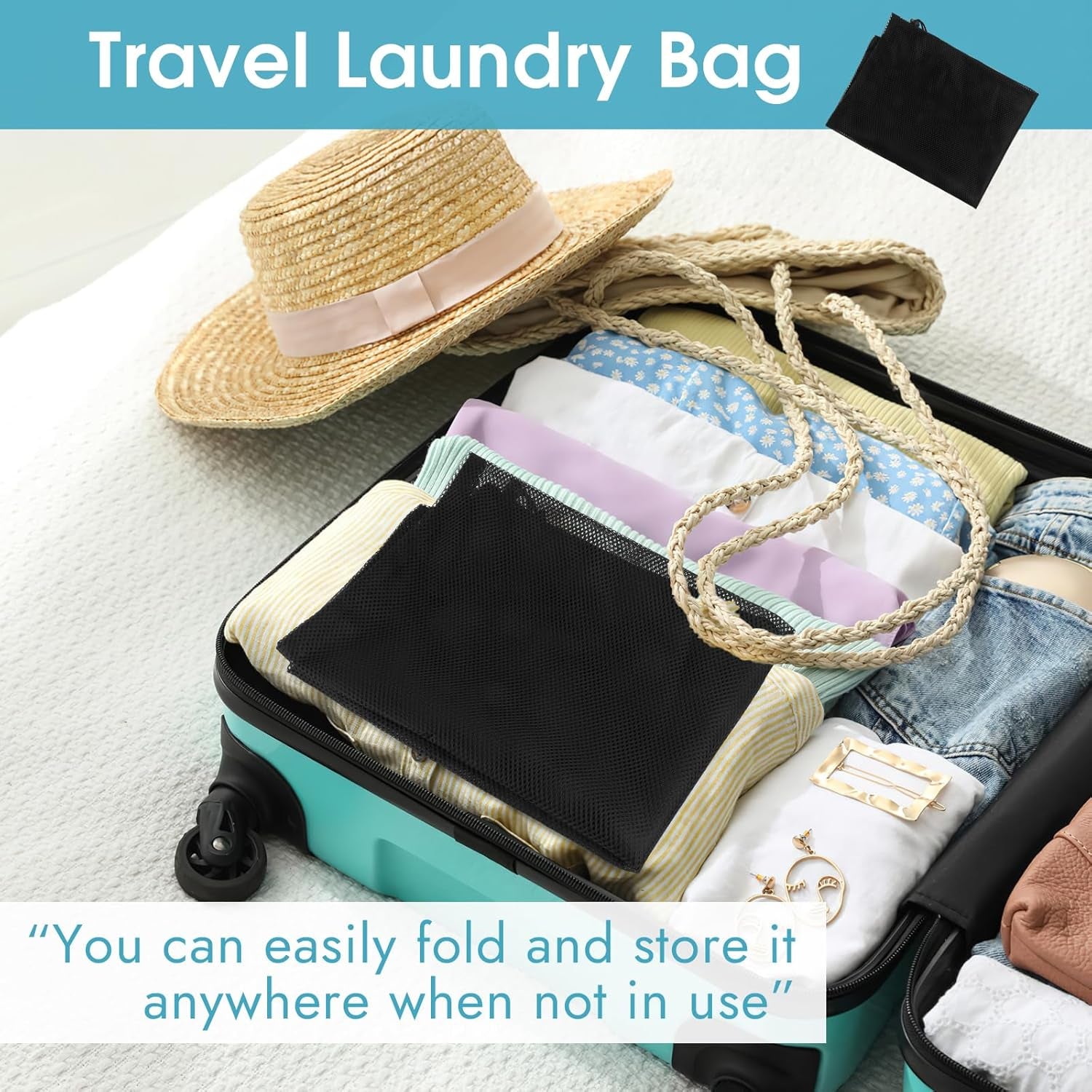 Foldable travel laundry bag for van life, packed in suitcase with clothes, hat, and accessories
