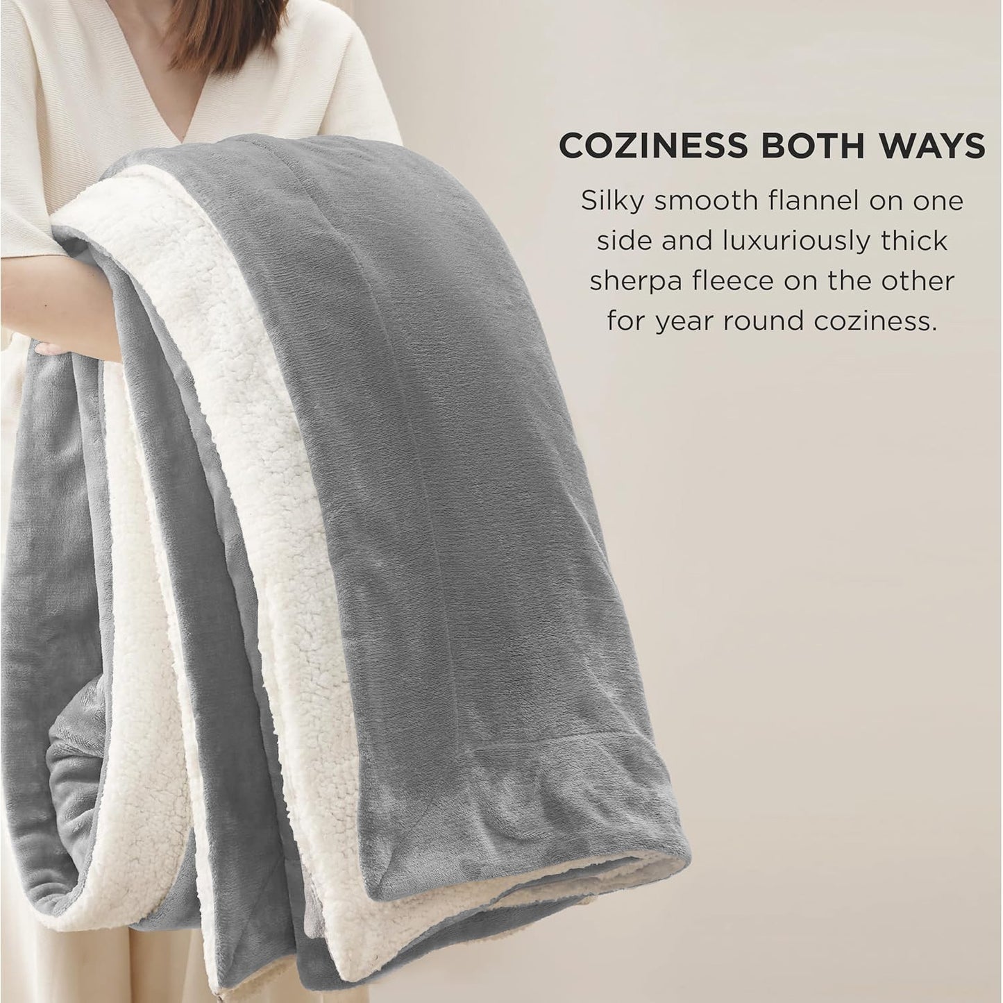 Gray and cream reversible sherpa fleece blanket for van life comfort