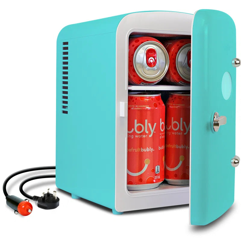 Turquoise portable mini fridge for van life, chilling Bubly drinks with UK plug and car adapter