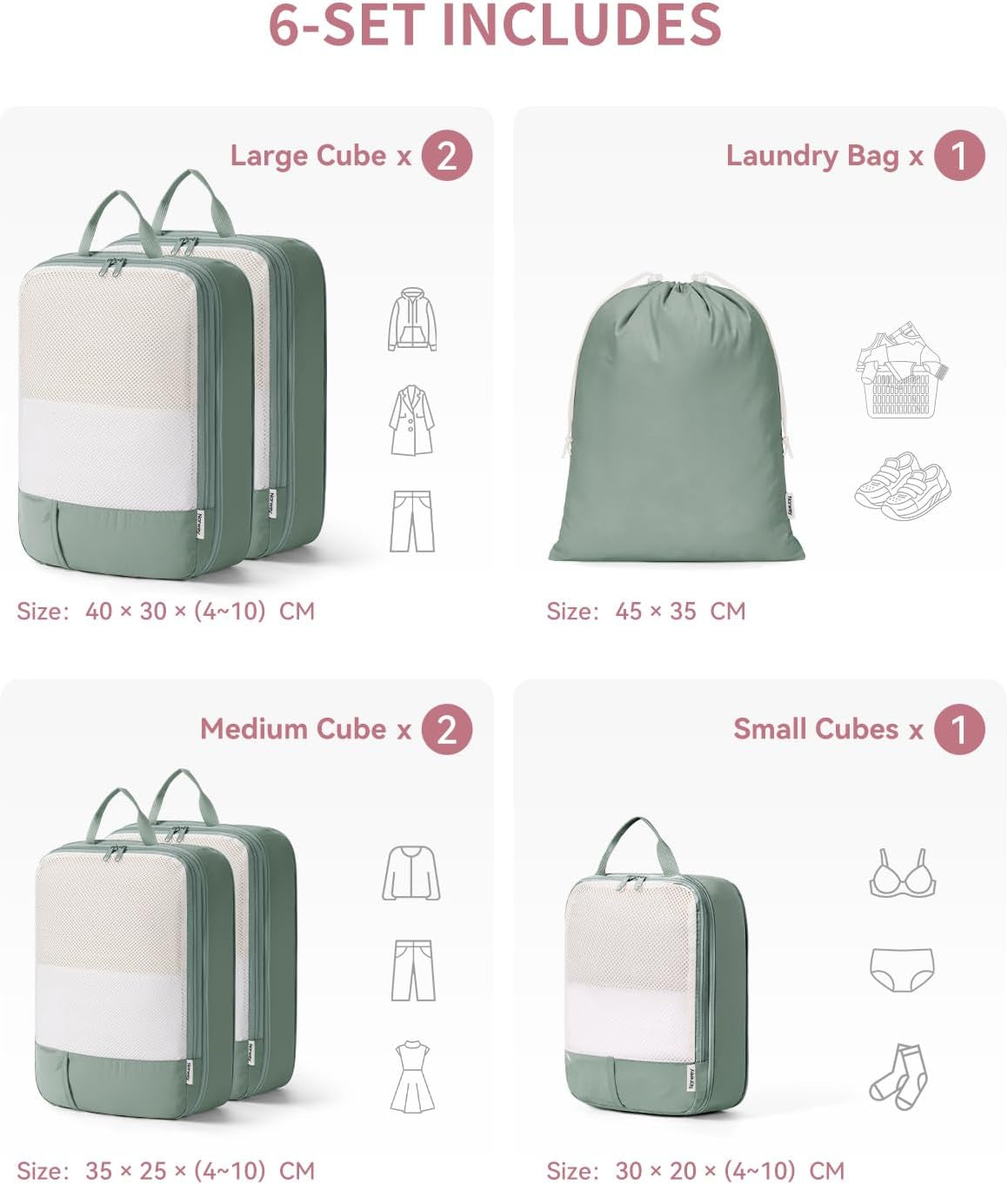 Sage Green Compression Packing Cubes – Set of 6 – six-piece set contents illustration