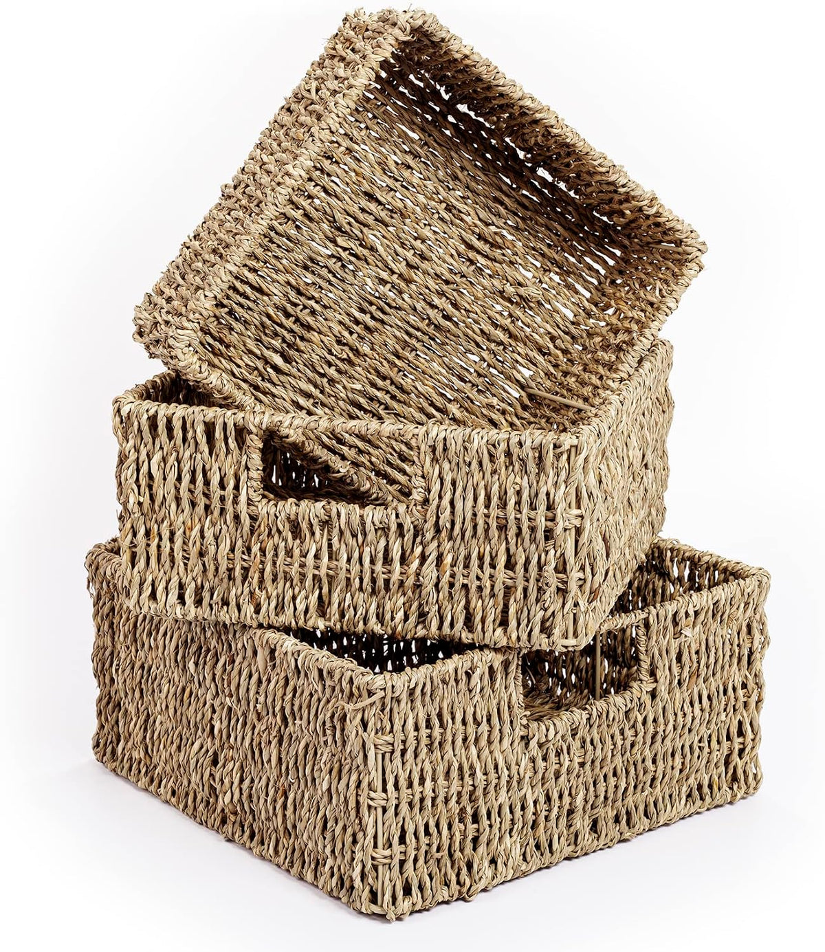 Shallow Seagrass Storage Baskets – Set of 3 – three graduating shallow baskets on white