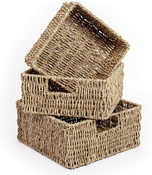 Shallow Seagrass Storage Baskets – Set of 3 – three graduating shallow baskets on white