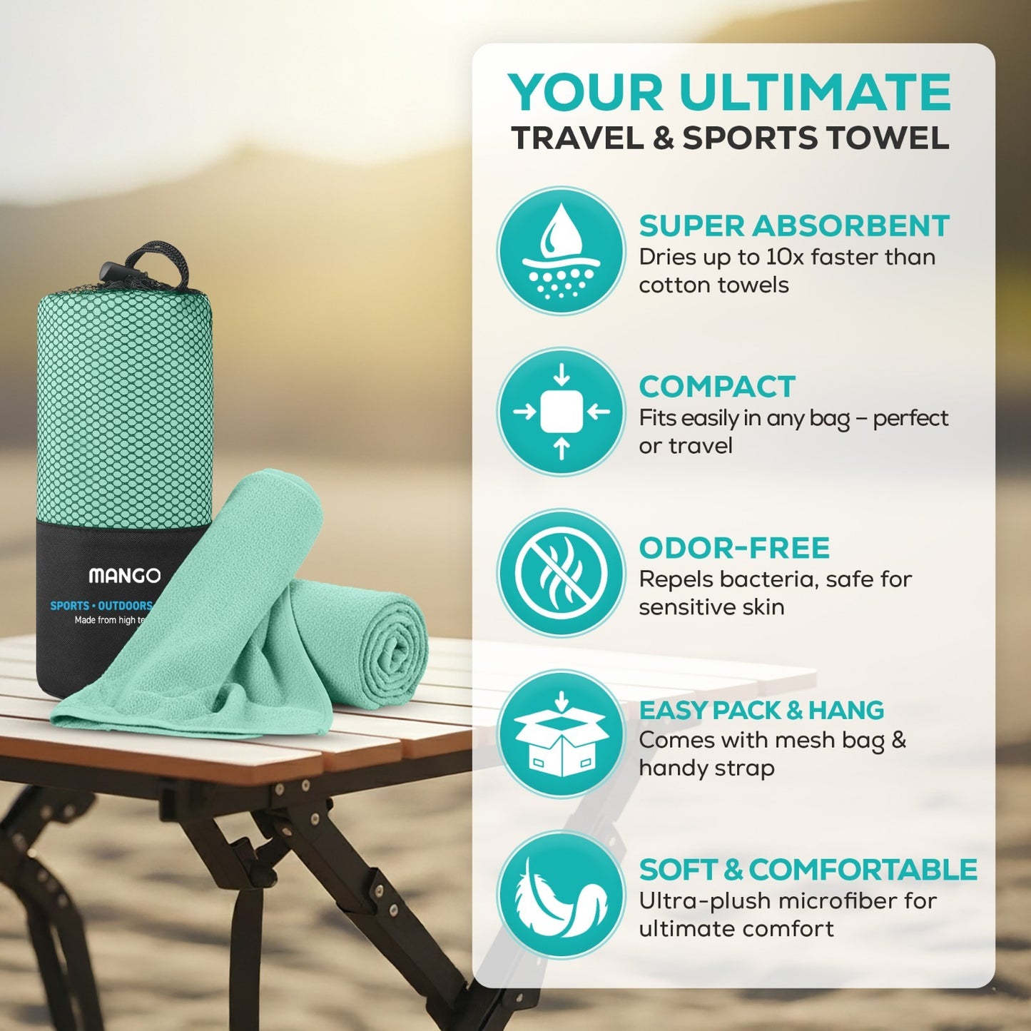 Compact, super absorbent travel towel for van life & outdoor adventures, ultra-soft microfiber, odor-free, easy pack