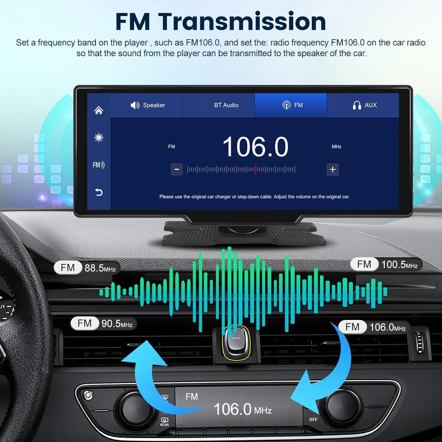 FM transmitter for car stereo, displaying 106.0 MHz frequency on van dashboard, ideal for van life audio setup
