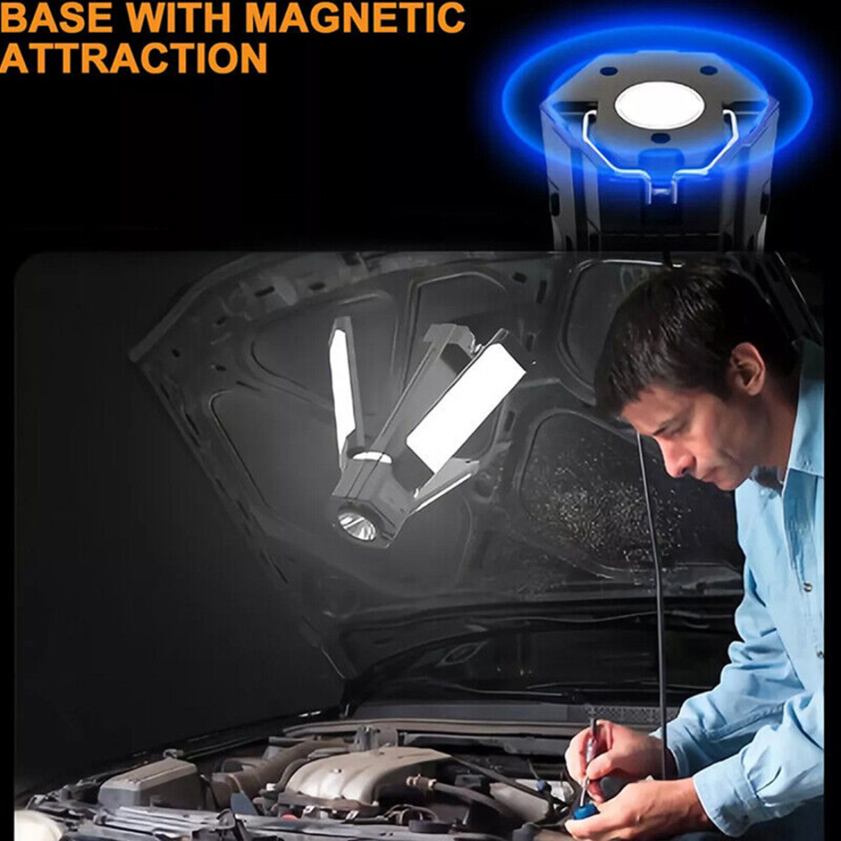 Magnetic LED work light for van life repairs, illuminating engine bay with hands-free brightness