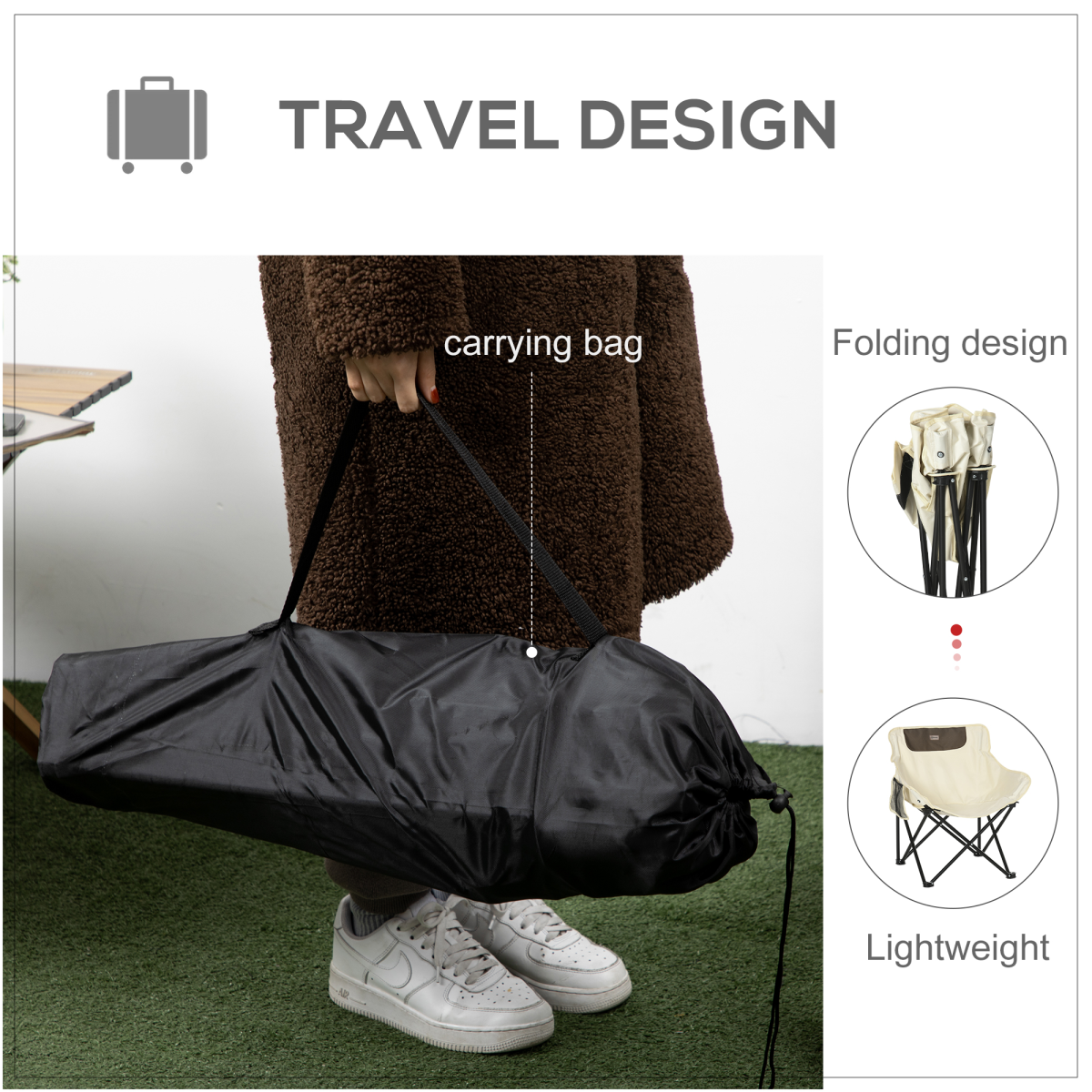 Portable folding camp chair with carrying bag, lightweight travel design for van life and outdoor adventures