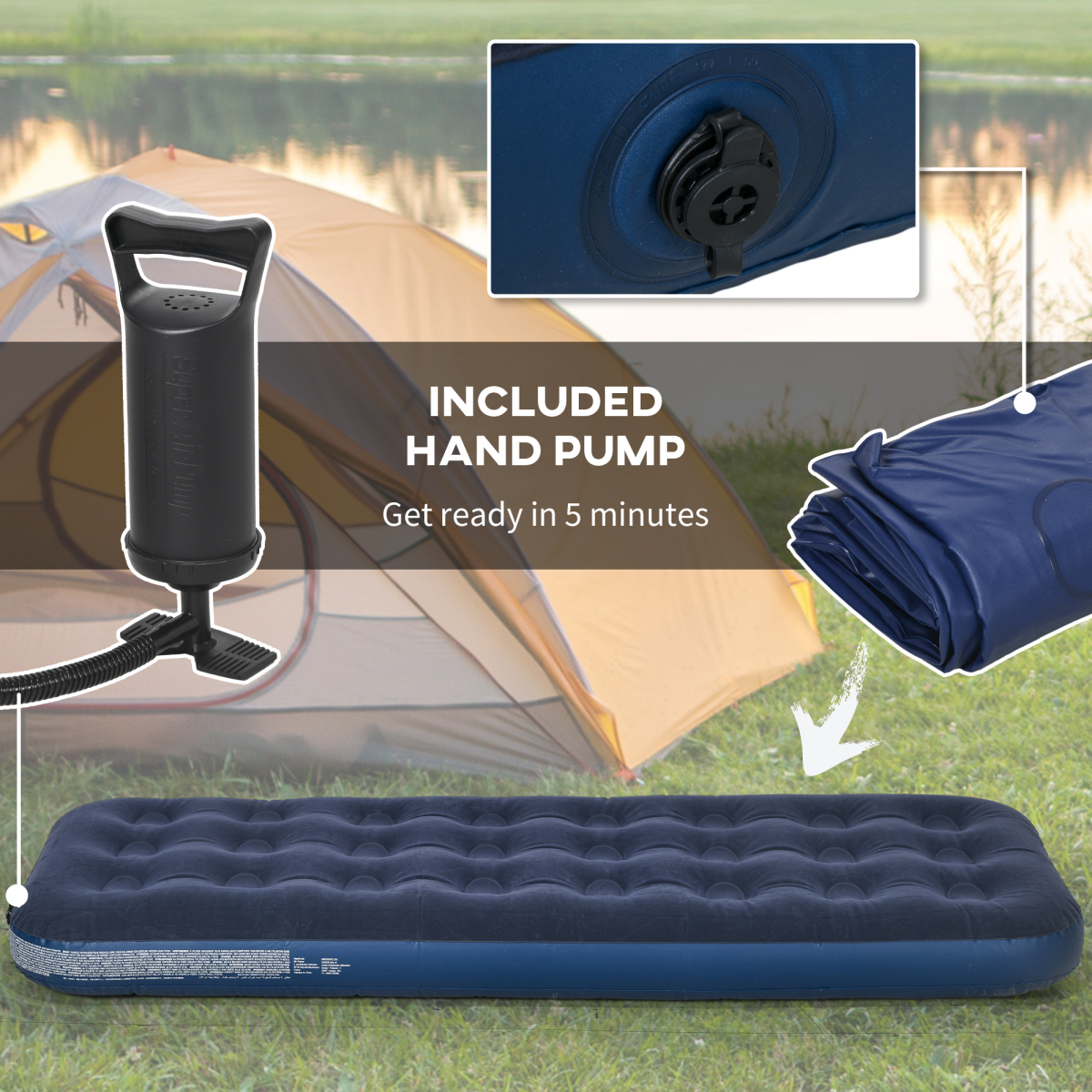 Blue inflatable camping mattress with hand pump, perfect for van life and outdoor adventures