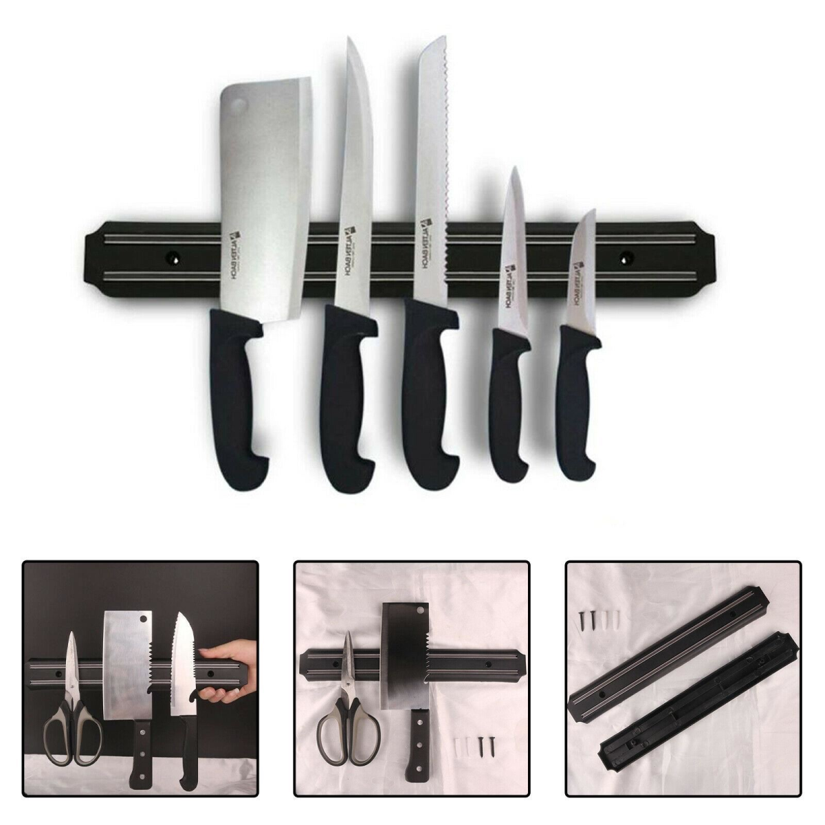 Magnetic knife strip with 5 knives & scissors, perfect for van life kitchen organization and compact storage