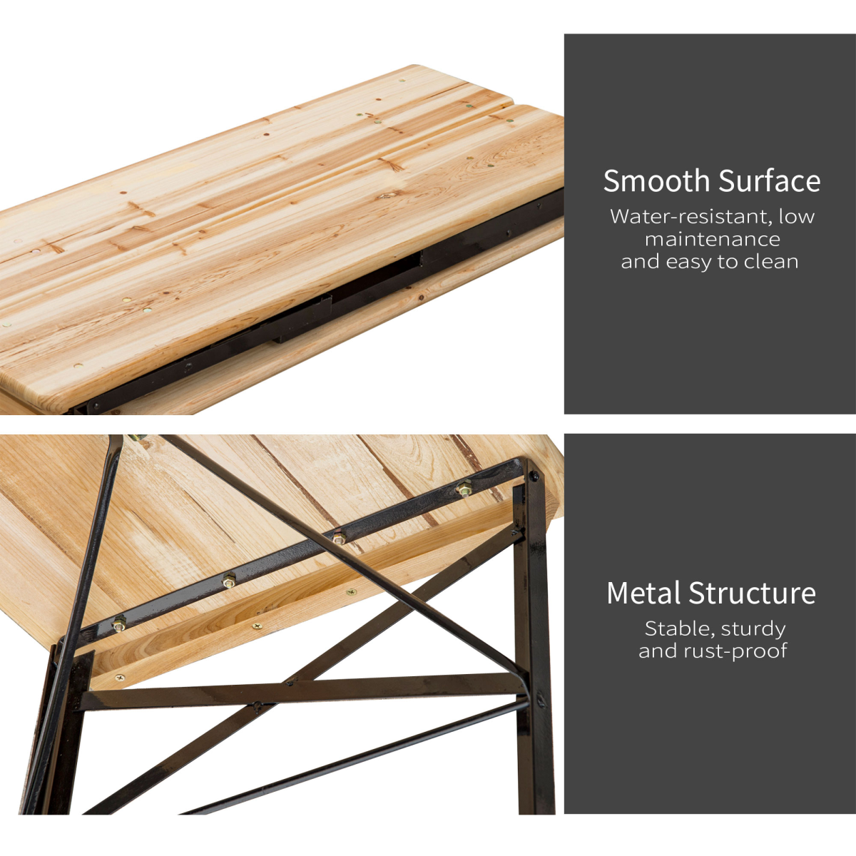 Compact wooden van table with metal frame, smooth water-resistant surface, sturdy rust-proof legs for camper vans