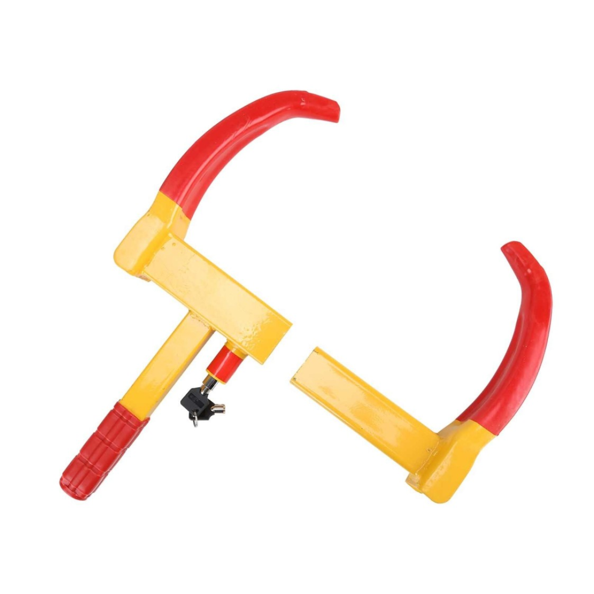 Red and yellow van wheel clamp with key, essential security for camper vans and road trips