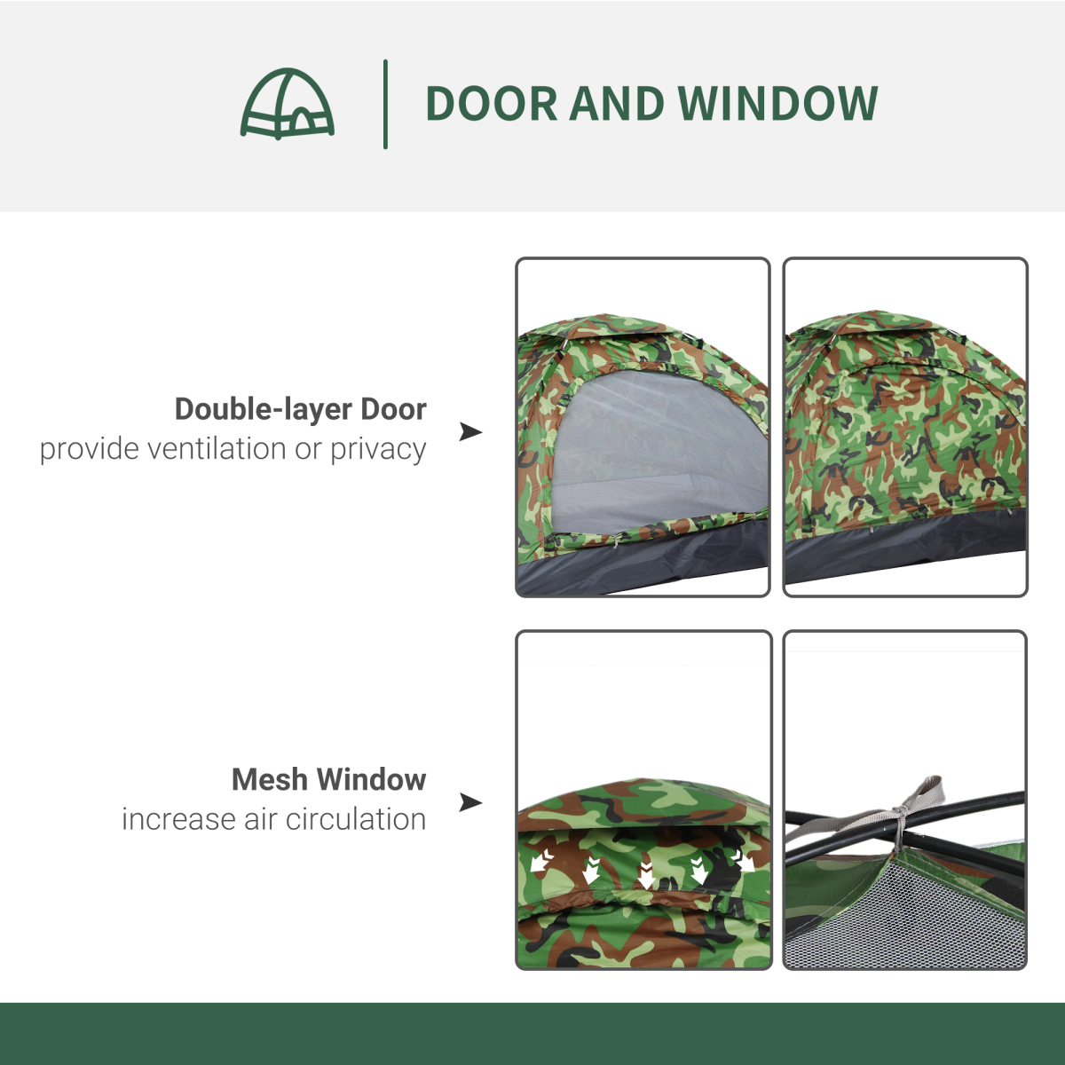Camouflage tent with double-layer door and mesh window for ventilation and privacy, ideal for van life camping.