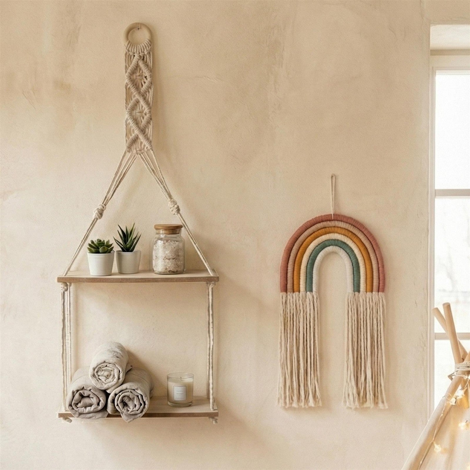 2 Tier Rope Hanging Shelf Wooden Boho Bedroom Decor Plant Display Storage Rack