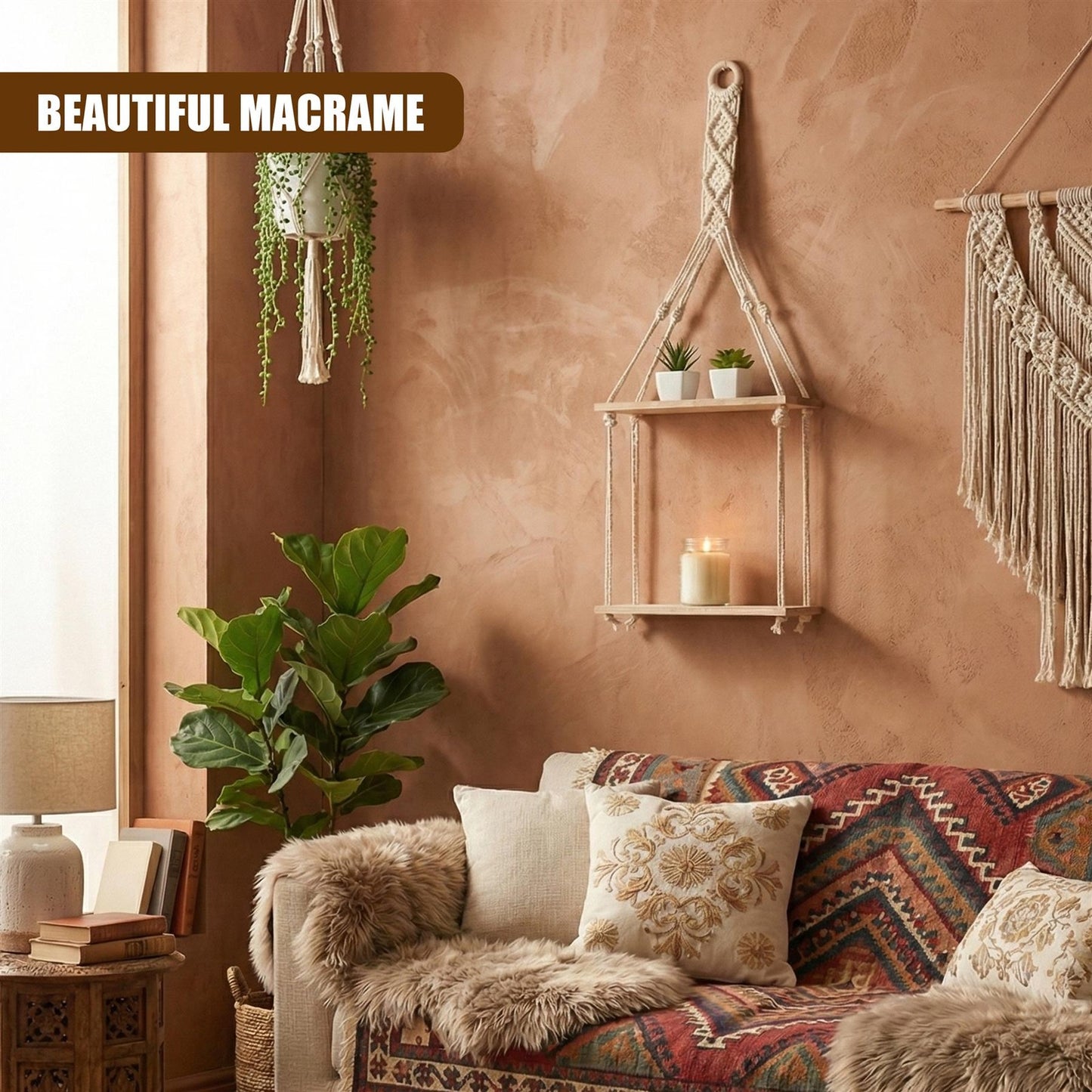 2 Tier Rope Hanging Shelf Wooden Boho Bedroom Decor Plant Display Storage Rack